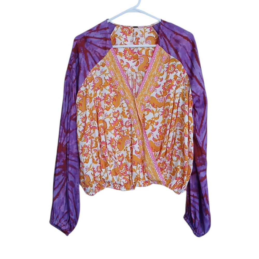 Free People Floral Wrap Blouse with Purple Accents Large